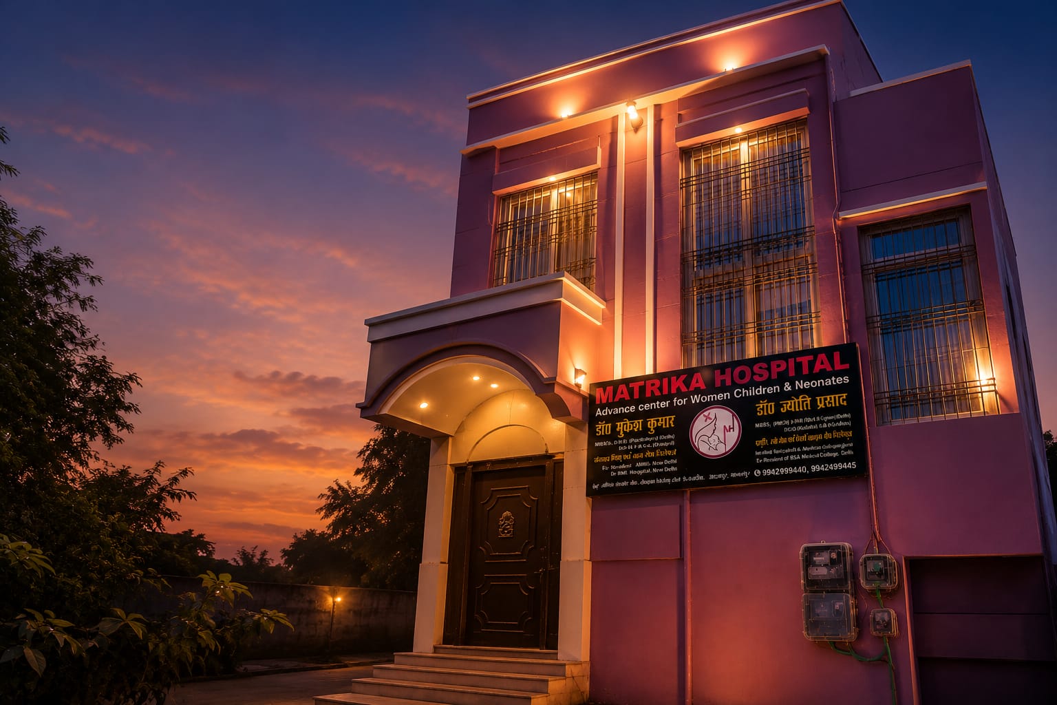 Matrika Hospital, Bhagalpur — cinematic evening exterior